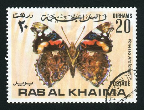 RAS AL KHAIMA - CIRCA 1978: Vanessa atalanta is a well-known colourful butterfly, found in temperate Europe, Asia and North America, circa 1978.