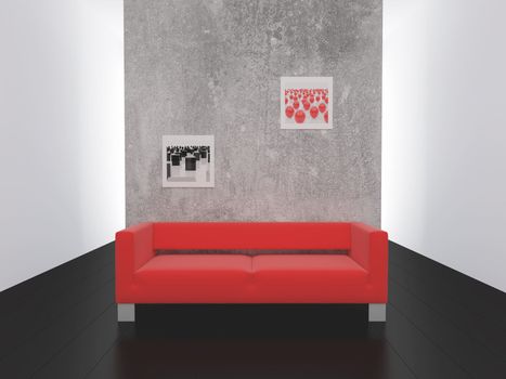Red sofa on black to a floor. High resolution image interior. 3d illustration modern interior.