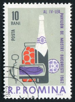 ROMANIA - CIRCA 1962: Food and drink. Bank and a bottle, circa 1962.