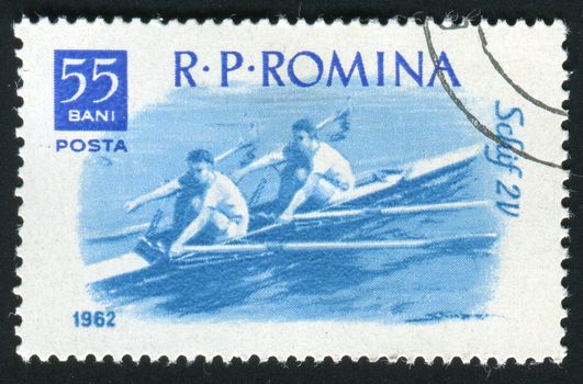 ROMANIA -CIRCA 1962: Sports racing on rowing 2-man skiff, circa 1962.
