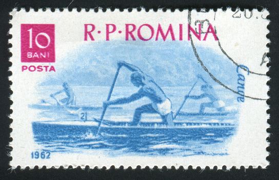 ROMANIA -CIRCA 1962: Sports racing on rowing on a canoe, circa 1962.