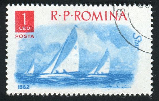 ROMANIA -CIRCA 1962: Sports racing on rowing on a sailboat, circa 1962.