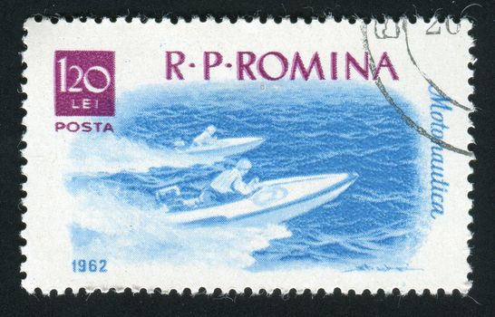 ROMANIA -CIRCA 1962: Sports racing on rowing on a motorboat, circa 1962.