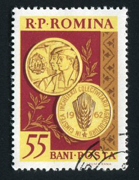 ROMANIA - CIRCA 1962: Symbols of communistic Romania, workers and peasants, circa 1962.