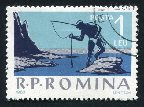 ROMANIA - CIRCA 1962: Fishing on the river. Various Fishing Scenes, circa 1962.