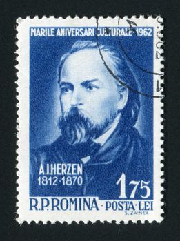 ROMANIA - CIRCA 1962: Aleksandr Ivanovich Herzen was a Russian pro-Western writer and thinker known as the "father of Russian socialism", circa 1962.
