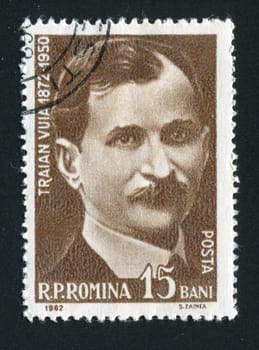 ROMANIA - CIRCA 1962: Traian Vuia was a Romanian inventor, who designed, built and flew the first self-propelling heavier-than-air aircraft in Europe, in 1906, circa 1962.