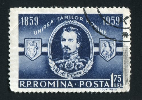 ROMANIA - CIRCA 1959: Alexander John Cuza was a Moldavian-born Romanian politician who ruled as the first Domnitor of the United Principalities of Wallachia and Moldavia between 1859 and 1866, circa 1959.