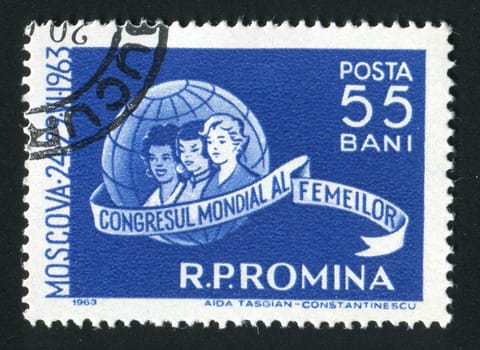 ROMANIA - CIRCA 1963: Women and Globe. Women�s Cong., Moscow, June 24-29, circa 1963.