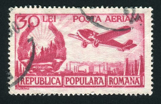 ROMANIA - CIRCA 1953: The flying plane an air mail symbol, circa 1953.