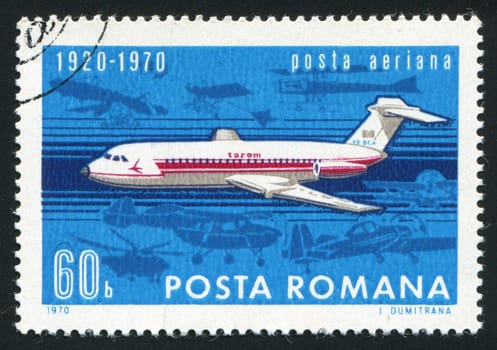 ROMANIA - CIRCA 1970: The flying plane an air mail symbol, circa 1970.