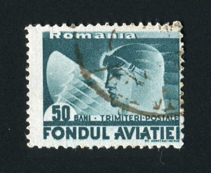 ROMANIA - CIRCA 1936: Head of the pilot in a helmet, circa 1936.