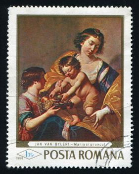 ROMANIA - CIRCA 1968: Madonna and child with fruit basket by Jan van Bylert, circa 1968.