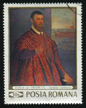 ROMANIA - CIRCA 1969: Venetian Senator, Tintoretto School, circa 1969.