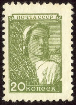 The scanned stamp. The Soviet stamp. The woman reaps wheat crop.