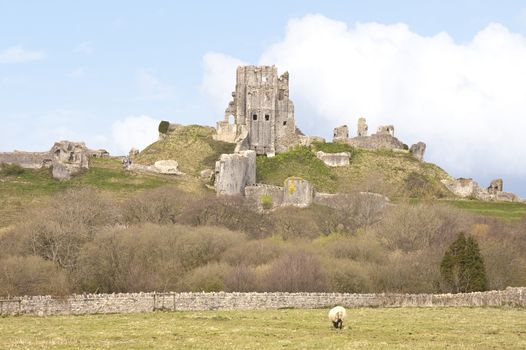 Ruins of Corfe castle in Dorset, England