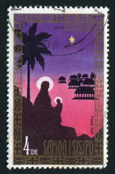 SAMOA - CIRCA 1977: Silhouettes of palm trees and houses, circa 1977.