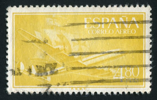 SPAIN - CIRCA 1955: Plane and Caravel, circa 1955.