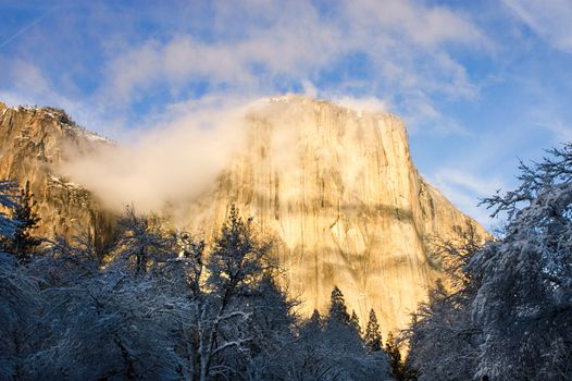 El Capitan in Yosemite valley during the winter in California