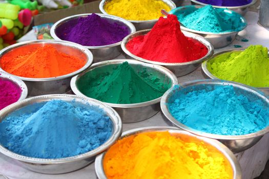 Colorful powder for sale on the festive occassion of Holi in India.