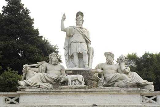 view of statues in traditional roman symbolic poses in piazza del popelo, Rome, Italy