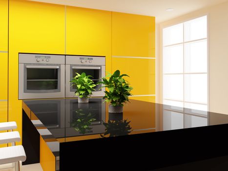 View of a modern kitchen. 3d illustration. Modern interior of kitchen in house.