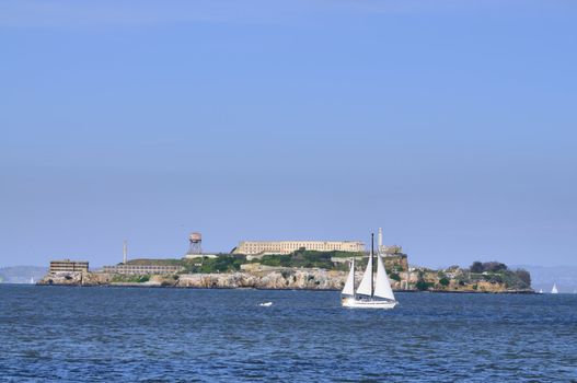 Boat sailing past the island prison of Alcatraz