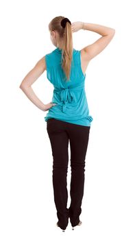 Slim girl doing a workout. View from the back. Isolated on white background.