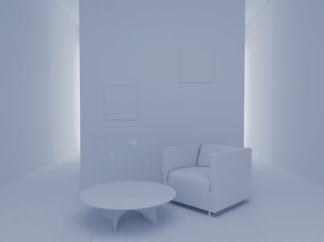White armchair in a white room. High resolution image interior. 3d illustration modern interior.