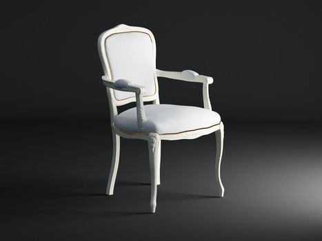 High resolution image white armchair. 3d illustration over  dark backgrounds.