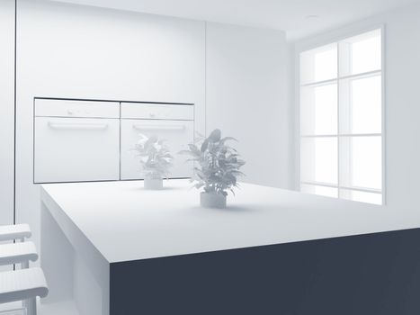 View of a modern kitchen. 3d illustration. Modern interior of kitchen in house.