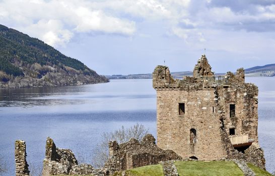 ruins of the blownup Castle Grant at Loch Ness in Scotland, site of the most sightings of the Loch Ness monster.