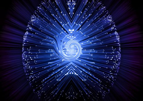 Close up on the ends of many illuminated blue fiber optic strands with light strand swirl in the centre. Black and violet blur background.