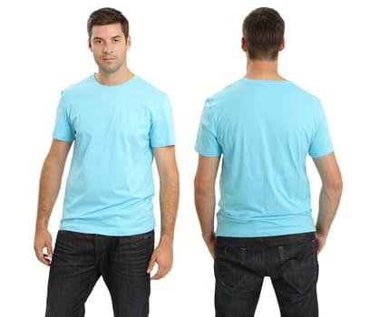 Young male with blank light blue t-shirt, front and back. Ready for your design or artwork.