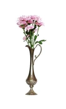 Bunch of pink flowers inside ancient metal vase. Isolated on white with clipping path
