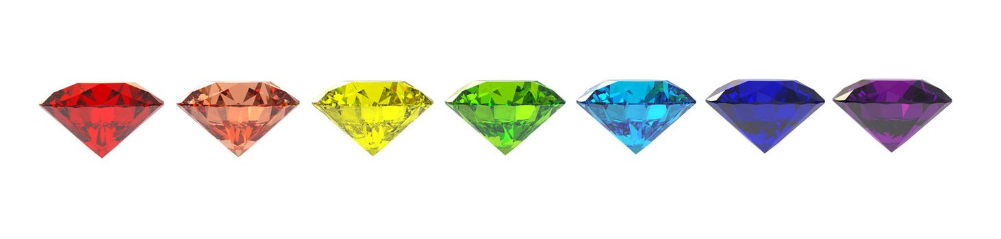 Seven diamonds in colors of rainbow 3d render isolated on white