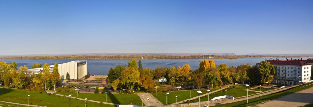 Panorama of a large city on the banks of the river. Samara, Russia. Autumn Landscape.