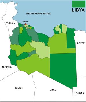 political map of libya country with neighbors and national flag