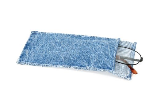 blue cloth case with spectacles isolated on white background