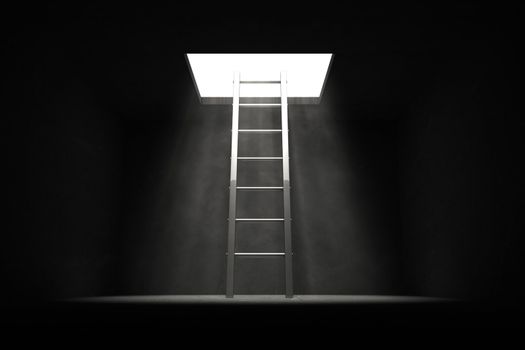 silver grey shiny ladder in the middle of a dark room leads out to the light
