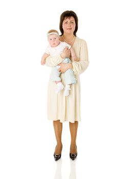 Happy mother holding baby girl isolated on white