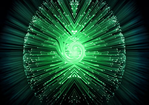 Close up on the ends of many illuminated green fiber optic strands with light strand swirl in the centre. Black and aqua blur background.