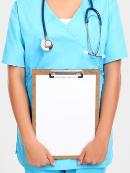 Medical doctor or nurse holding clipboard sign showing room for copyspace