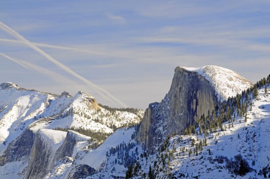 Sun rise on the granite peaks in Yosemite valley