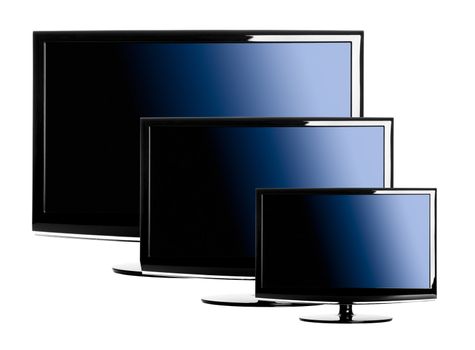 Three lcd TV’s of diferent sizes isolated over a white background