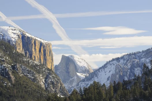 Sun rise on the granite peaks in Yosemite valley