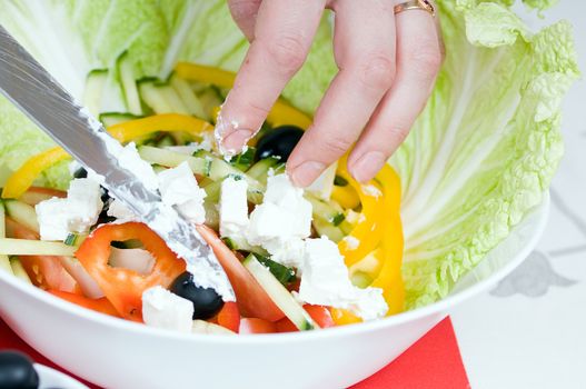 Preparation of salad from cheese and fresh vegetables