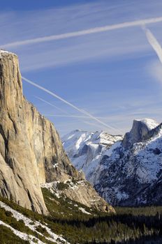 Sun rise on the granite peaks in Yosemite valley