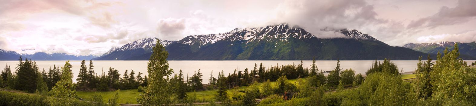 Panorama of Alaska, with the turn around arm, and snow on the mountains