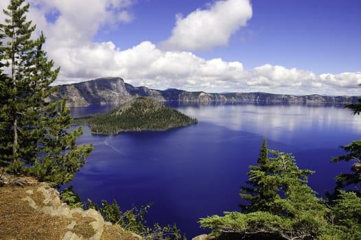 view of Crater lake in Oregon looking towards Wizard island